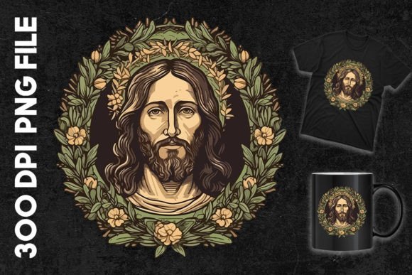 Jesus Face in the Middle of Leaves T-Shirt Designs